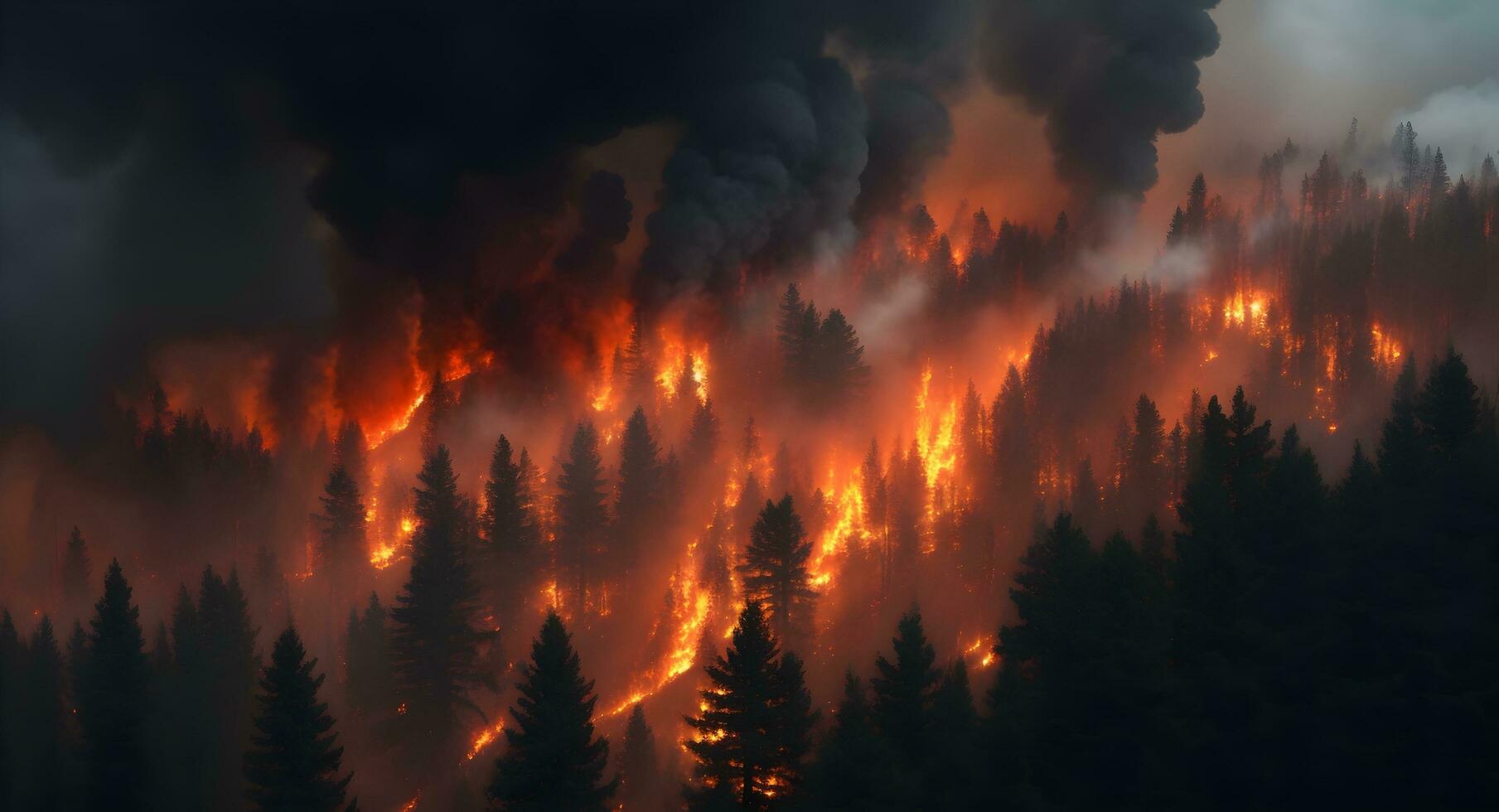 ai gerado floresta fogo desastre ilustração. estragado meio Ambiente causou de global aquecimento. incêndios natureza destruição foto