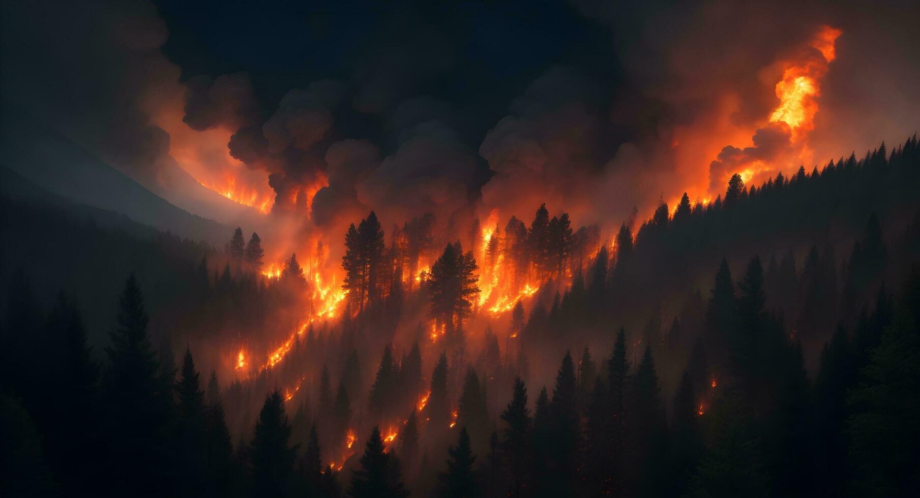 ai gerado floresta fogo desastre ilustração. estragado meio Ambiente causou de global aquecimento. incêndios natureza destruição foto