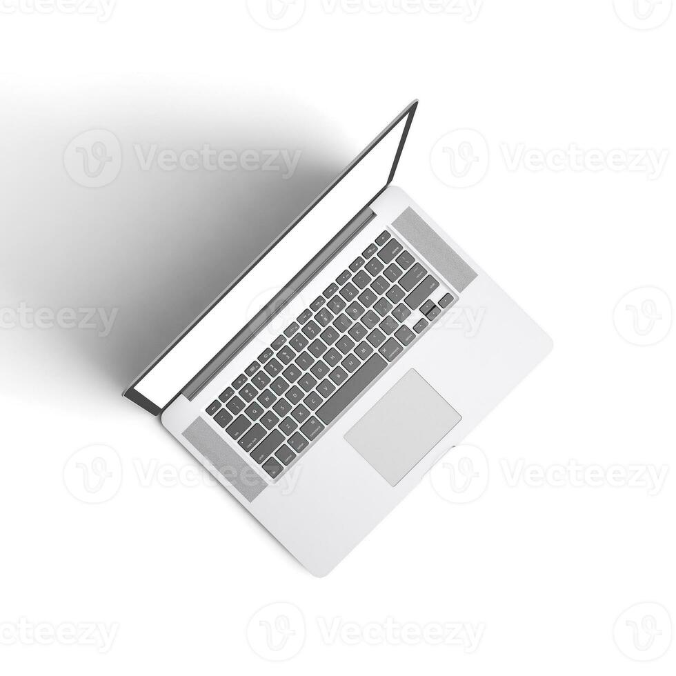 computador portátil aberto exibição com em branco tela isolado em branco fundo para Publicidades topo Visão certo lado foto