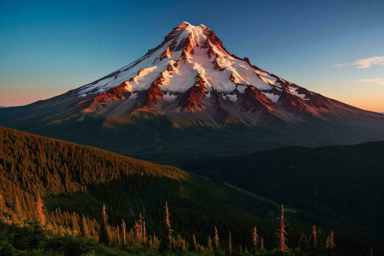 ai gerado pôr do sol alpenglow em majestoso montanha pico foto