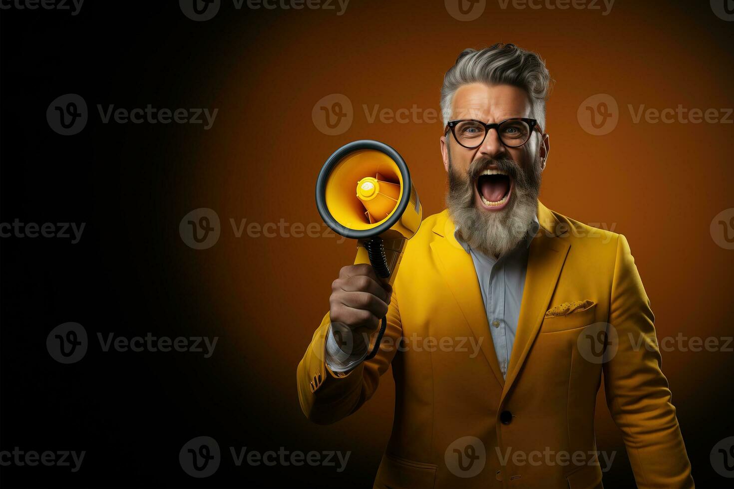 ai gerado uma bonito homem em a isolado amarelo parede gritos para dentro uma megafone. foto