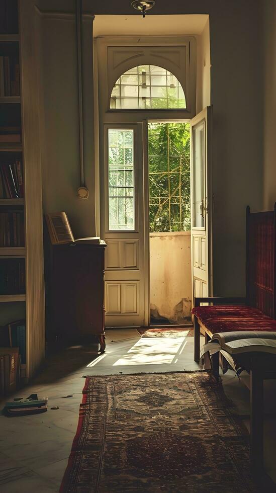 ai gerado interior do uma quarto dentro a velho casa com uma janela e uma estante foto