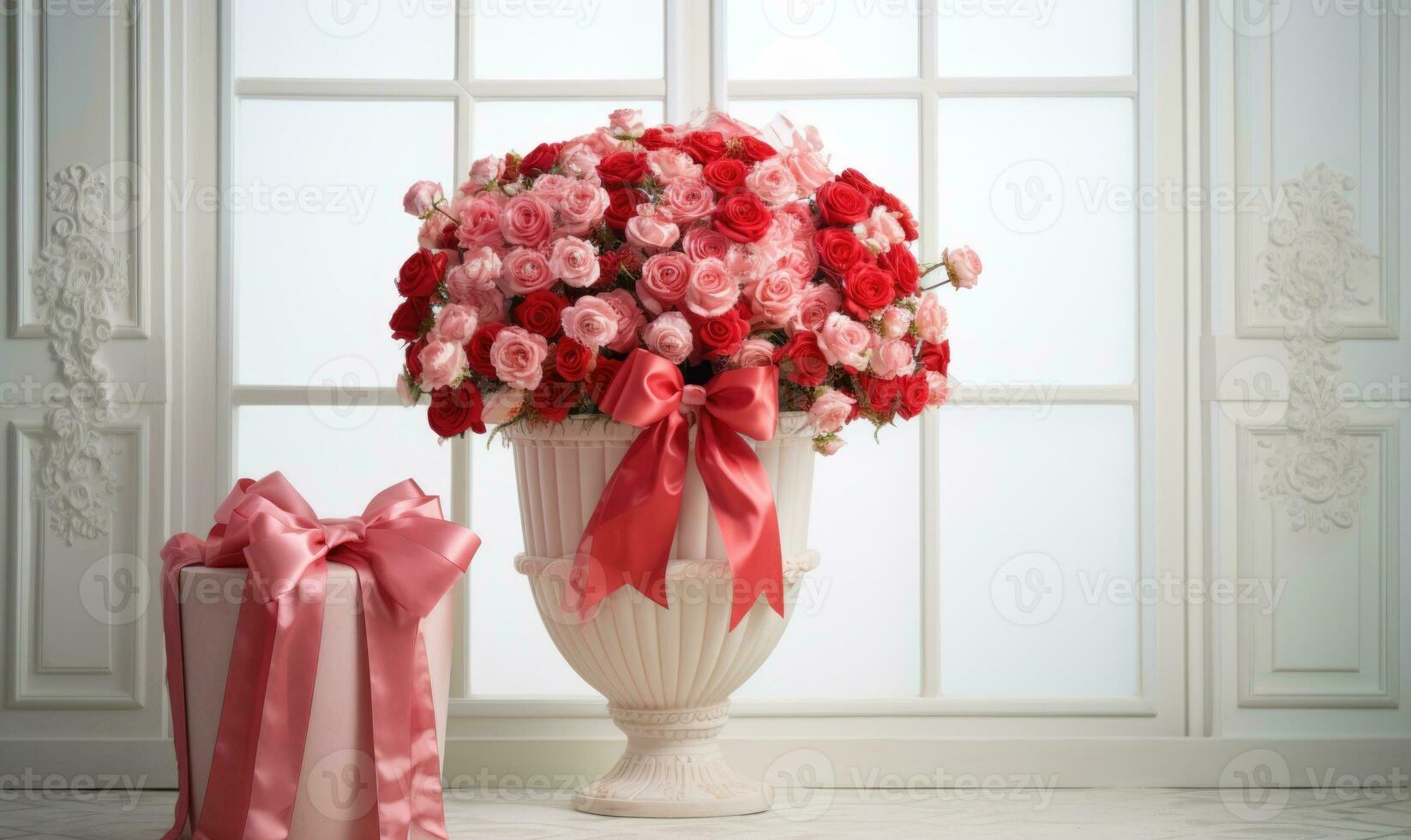 ai gerado ramalhete do lindo rosas dentro vaso em branco de madeira mesa foto