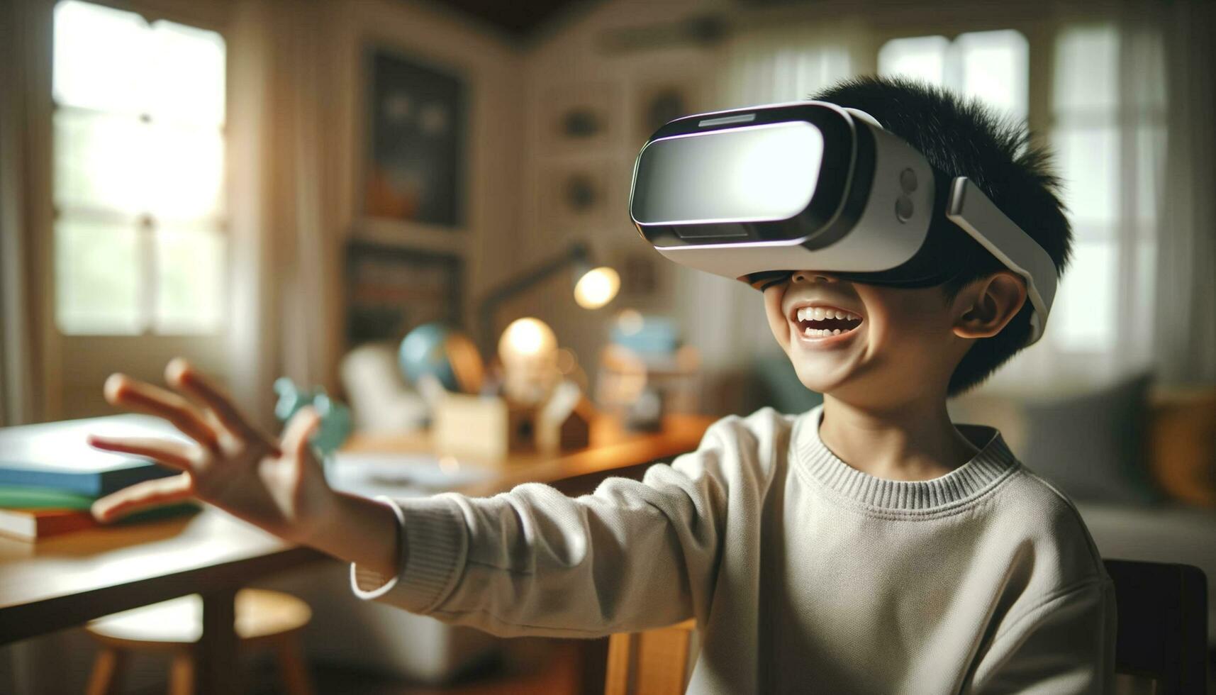 ai gerado conectados Educação ásia jovem Garoto vestindo vr fone de ouvido com vivo quarto fundo ai generativo foto