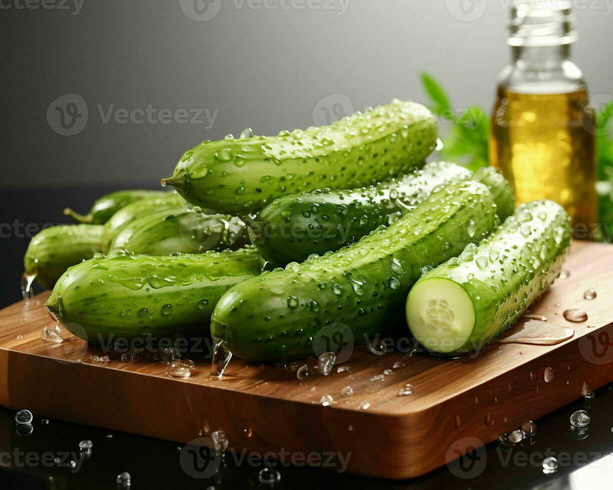 ai gerado fresco pepino com água gotas. generativo ai foto