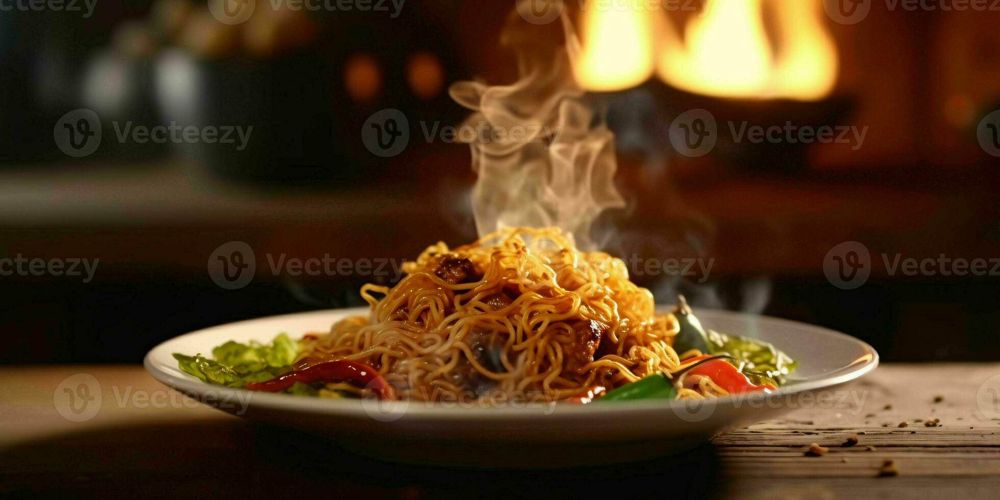 ai gerado delicioso frito macarrão com esfumaçado efeito em uma de madeira mesa. generativo ai foto