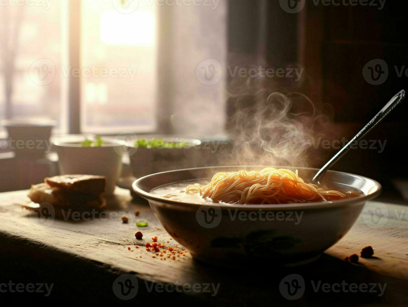 ai gerado uma tigela do quente macarrão sopa em de madeira mesa. generativo ai foto