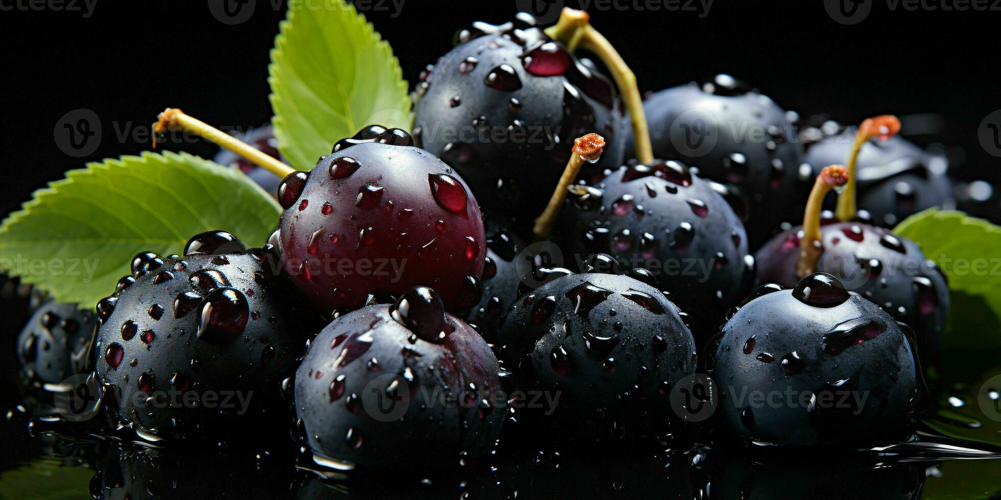 ai gerado fresco Açaí baga com água gotas isolado em uma Preto fundo. euterpe oleracea. generativo ai foto