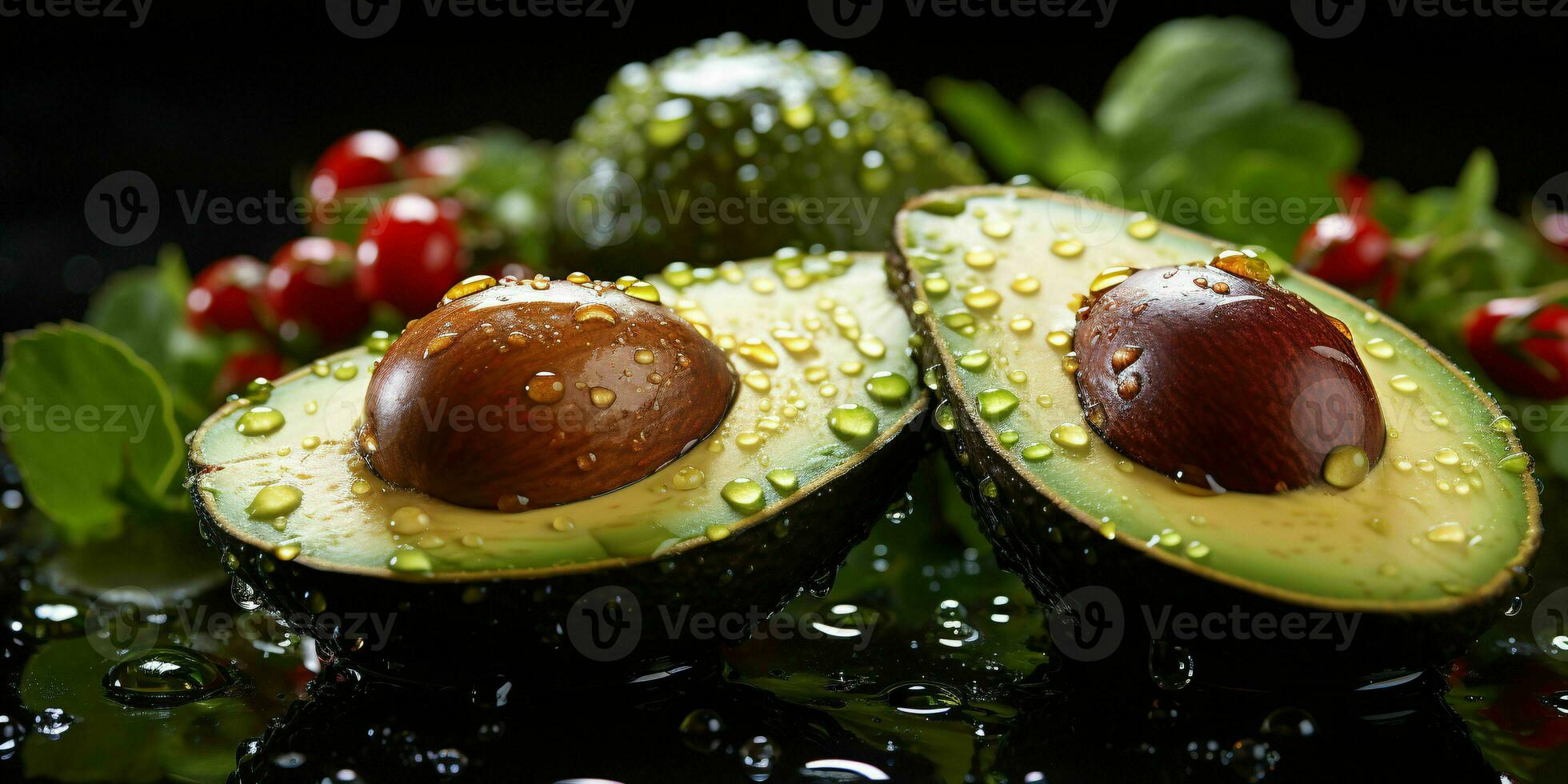 ai gerado fresco abacate com água gotas em Preto fundo. generativo ai foto