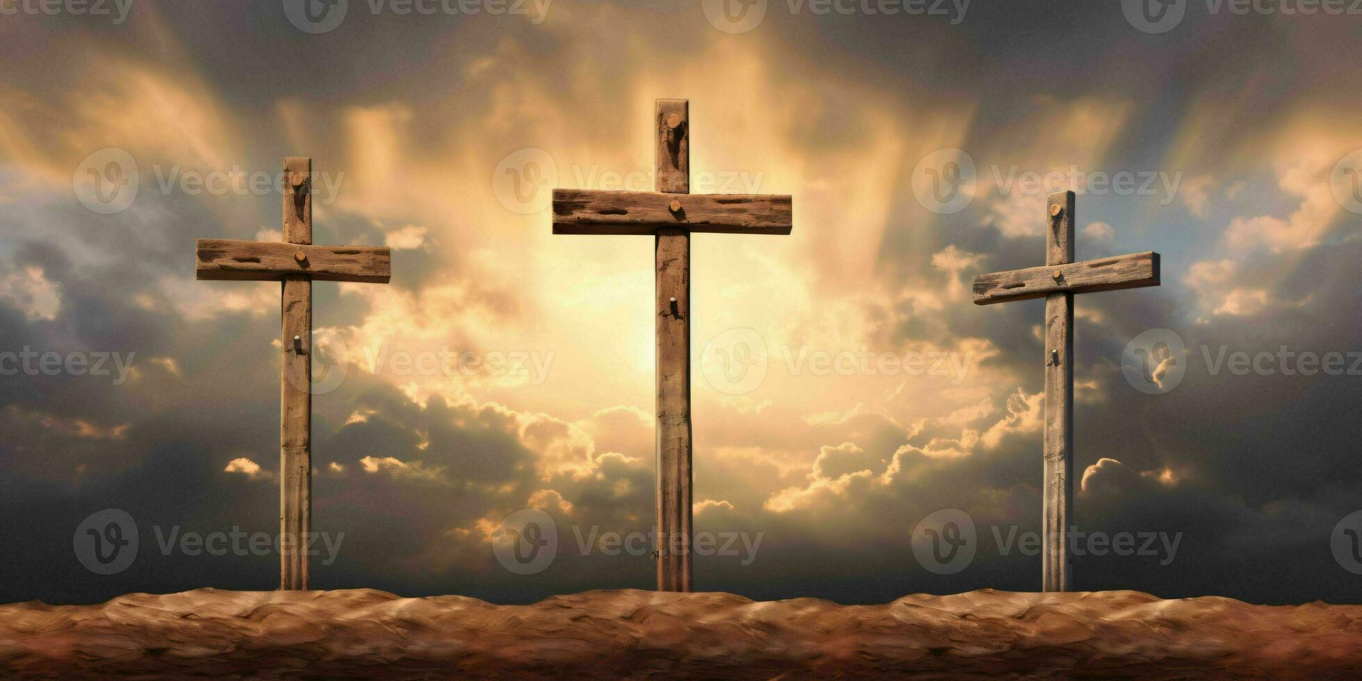 ai gerado três cruzes em uma rochoso deserto colina. ressurreição do Jesus Cristo. generativo ai foto