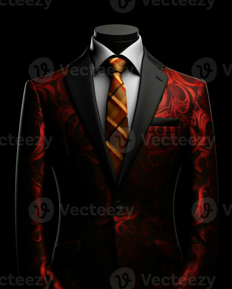 ai gerado luxo e elegante vermelho masculino terno com abstrato motivo isolado em Preto fundo. generativo ai foto