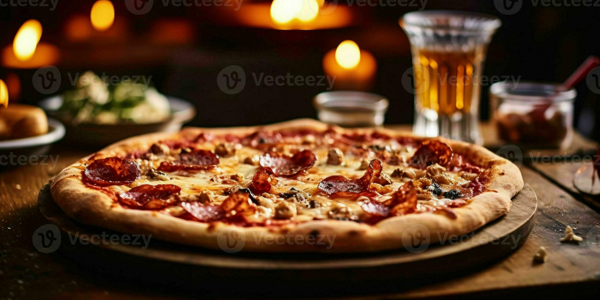 ai gerado saboroso pizza em de madeira mesa com borrado chique fundo. generativo ai foto