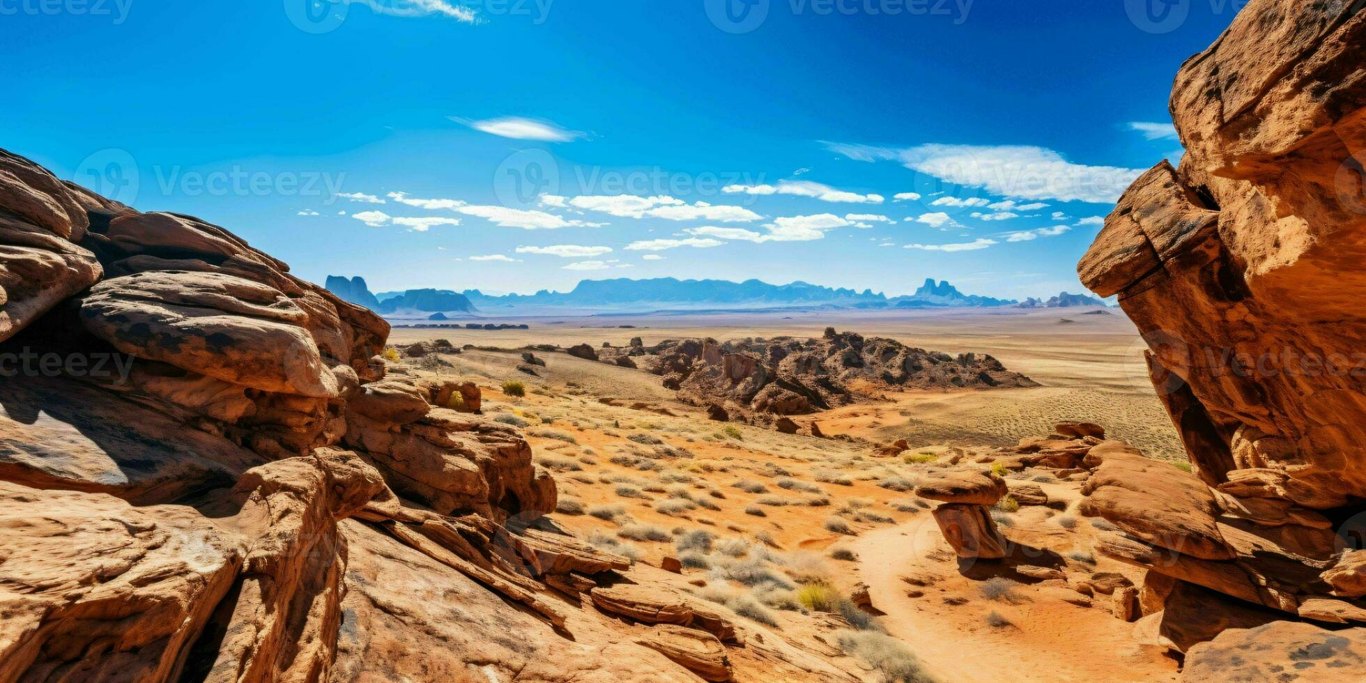 ai gerado uma grande, árido deserto com azul céus. rochoso deserto panorama. generativo ai foto