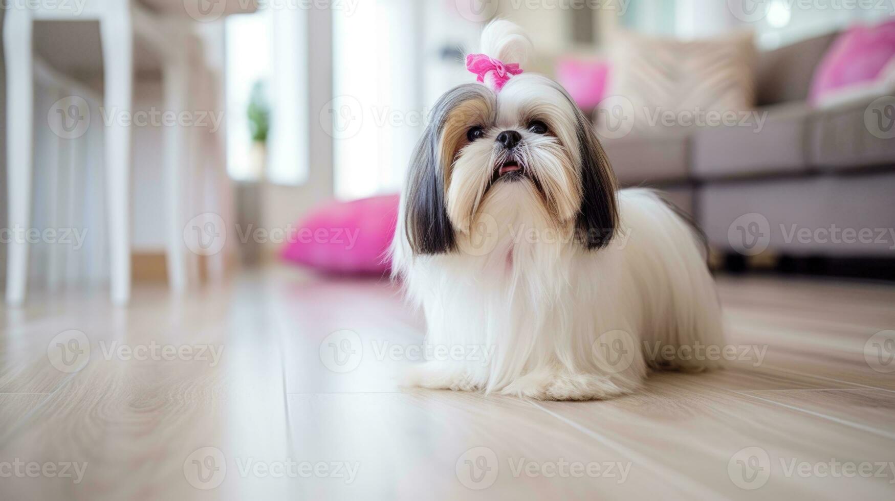 ai gerado fofa jovem shih tzu cachorro com grandes cabelo sentado em a quarto e olhando às Câmera foto