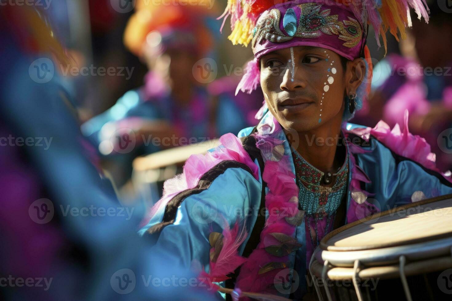 ai gerado retrato do carnaval baterista jogando uma tambor dentro uma marchar. generativo ai foto