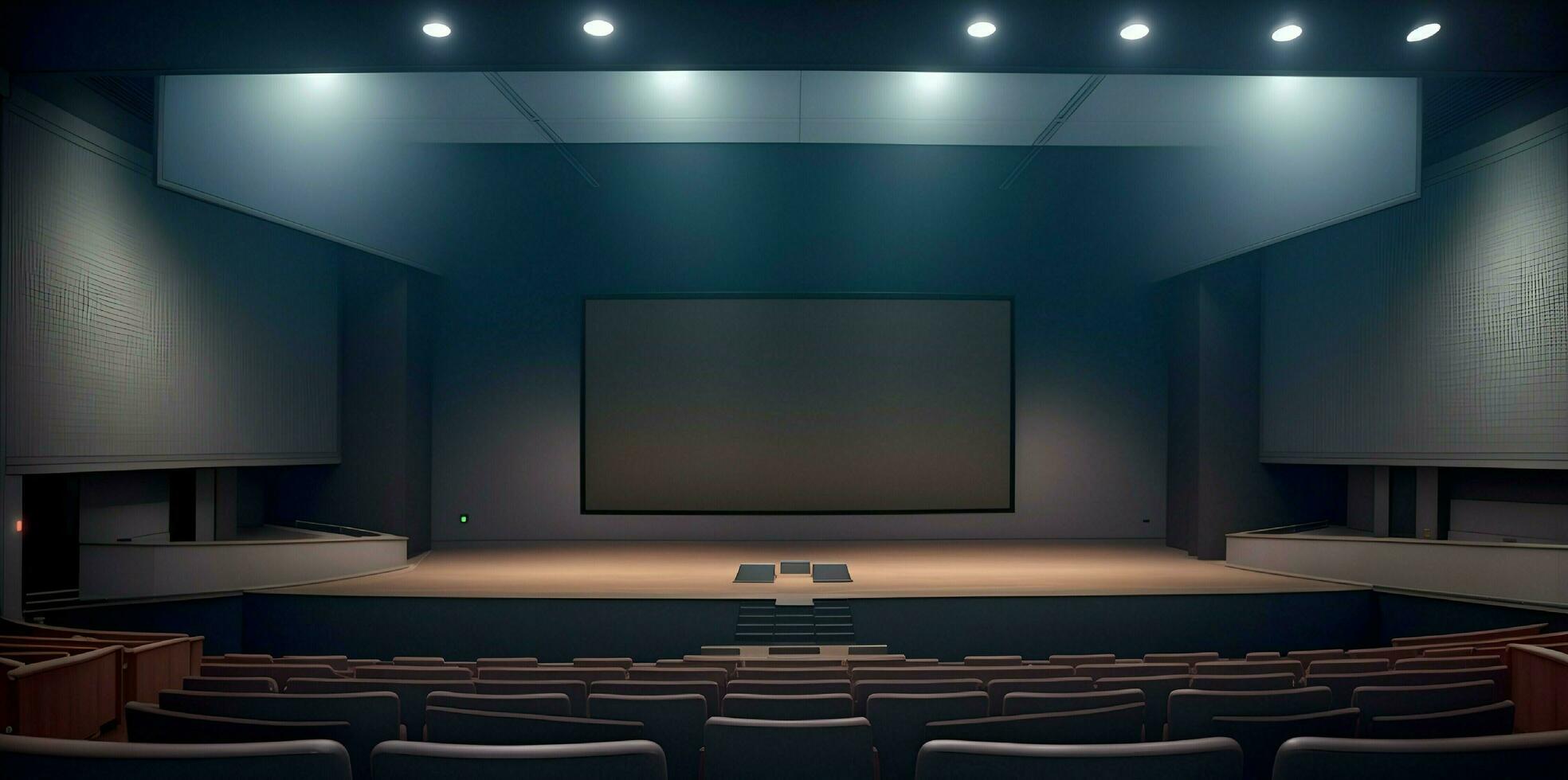 ai gerado não pessoas ou esvaziar cinema corredor com grande em branco tela e auditório hd.hall brincar. foto