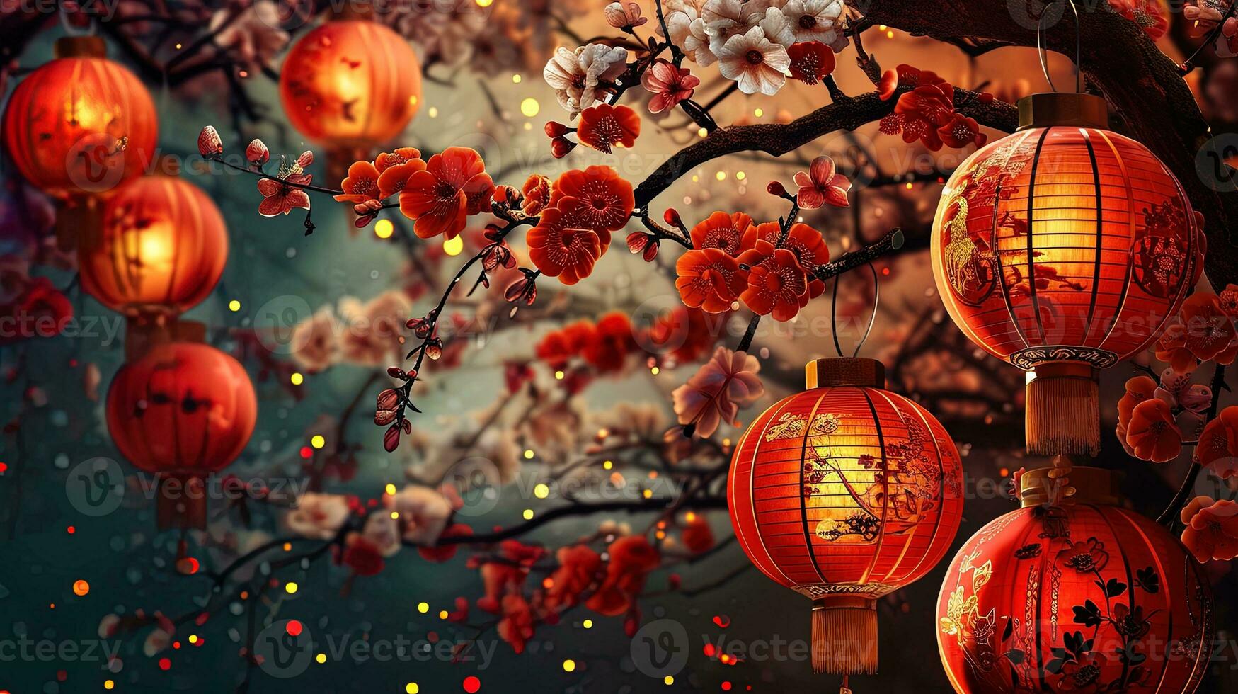 ai gerado chinês lanternas com cereja Flor e sakura dentro a jardim, ai generativo foto