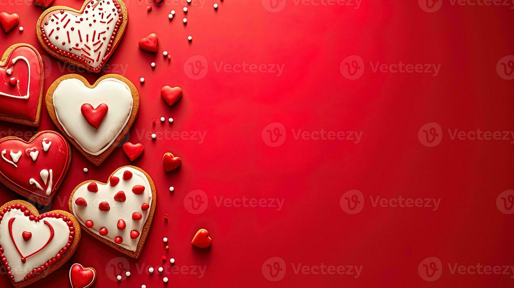 ai gerado dia dos namorados dia fundo com coração em forma Pão de gengibre biscoitos em vermelho fundo, ai generativo foto