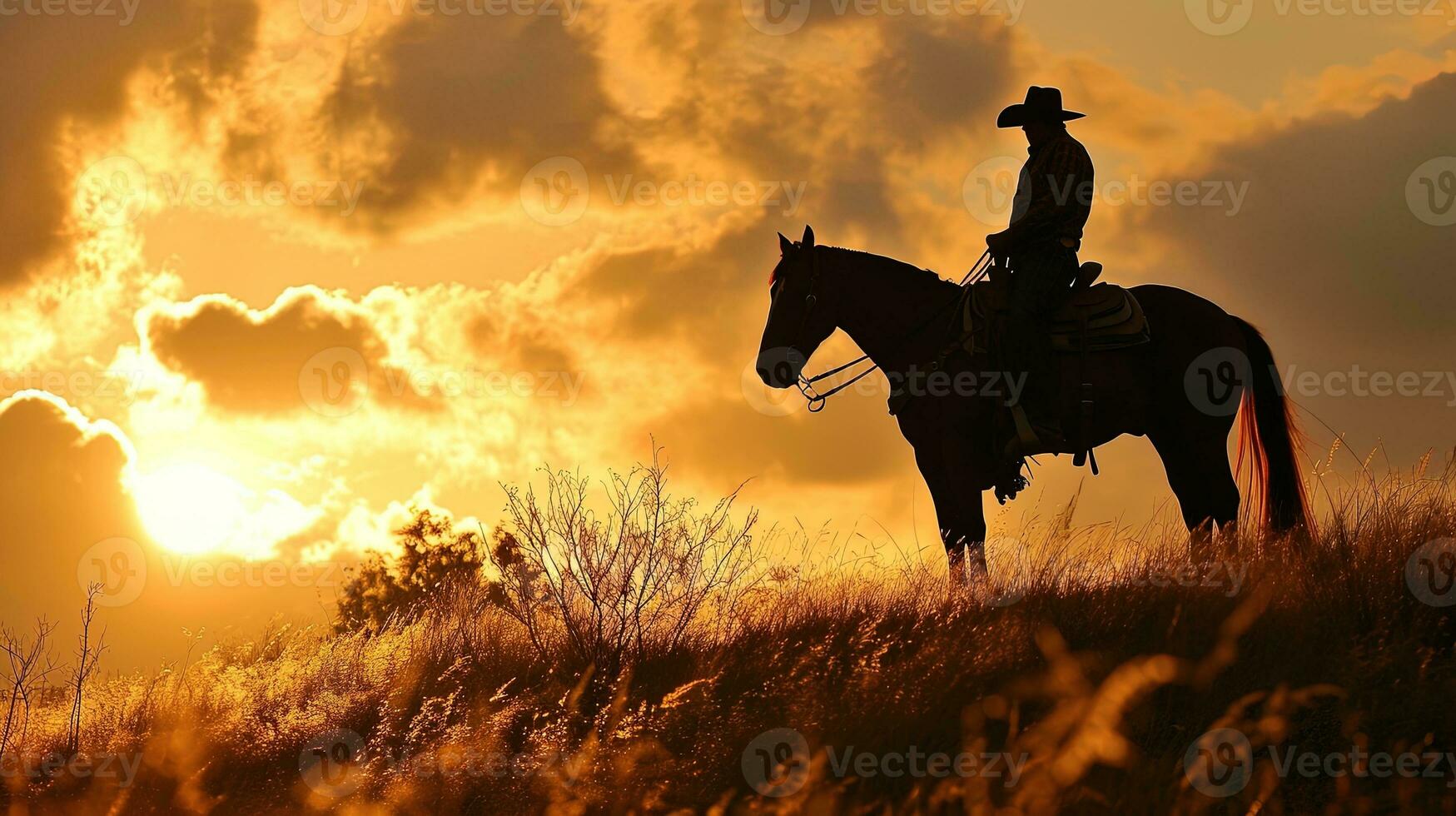 ai gerado silhueta do uma vaqueiro em a cavalo dentro a deserto às pôr do sol, ai generativo foto