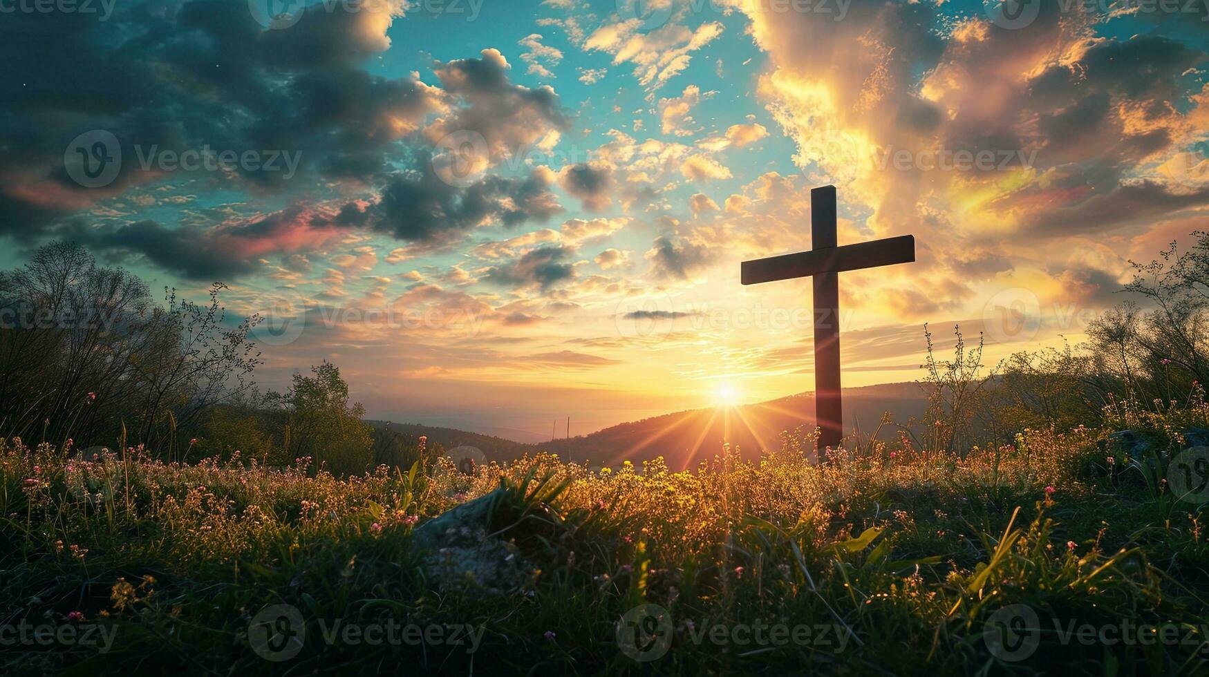 ai gerado Cruz às pôr do sol. crucificação do Jesus Cristo dentro a Prado, ai generativo foto