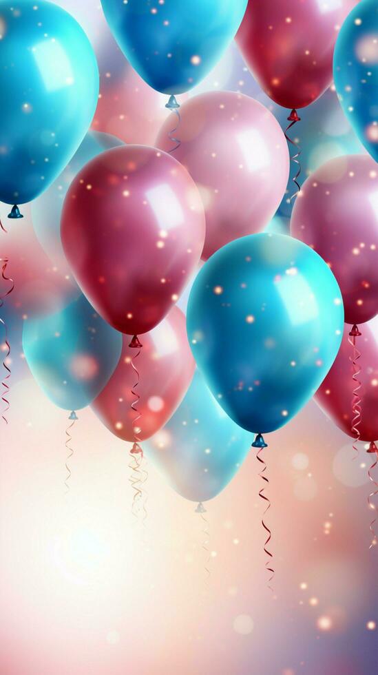ai gerado Rosa e azul balões, confete, brilhos em branco comemorativo fundo vertical Móvel papel de parede foto