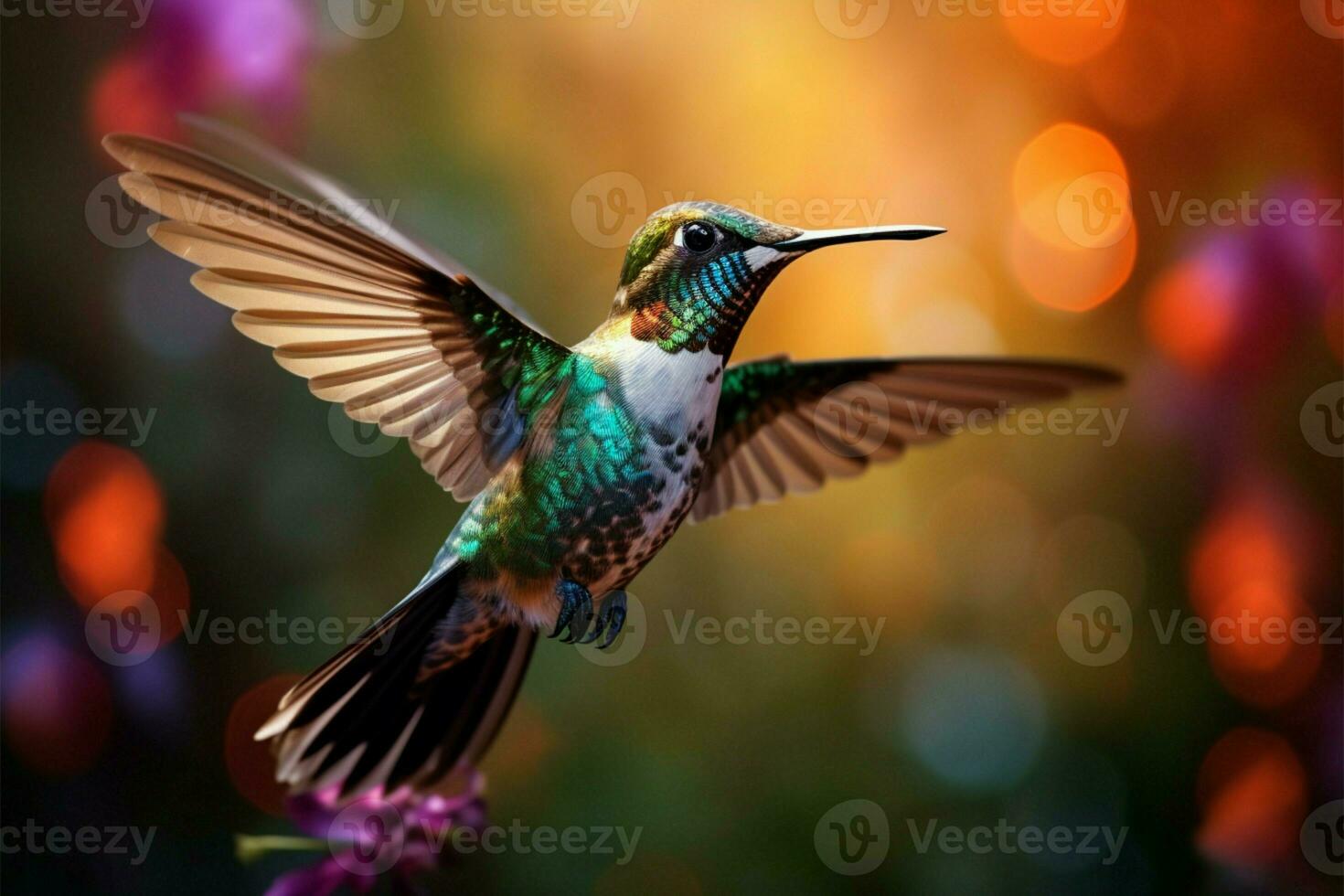 ai gerado gracioso beija Flor danças dentro naturezas abraçar, uma tremulando jóia foto