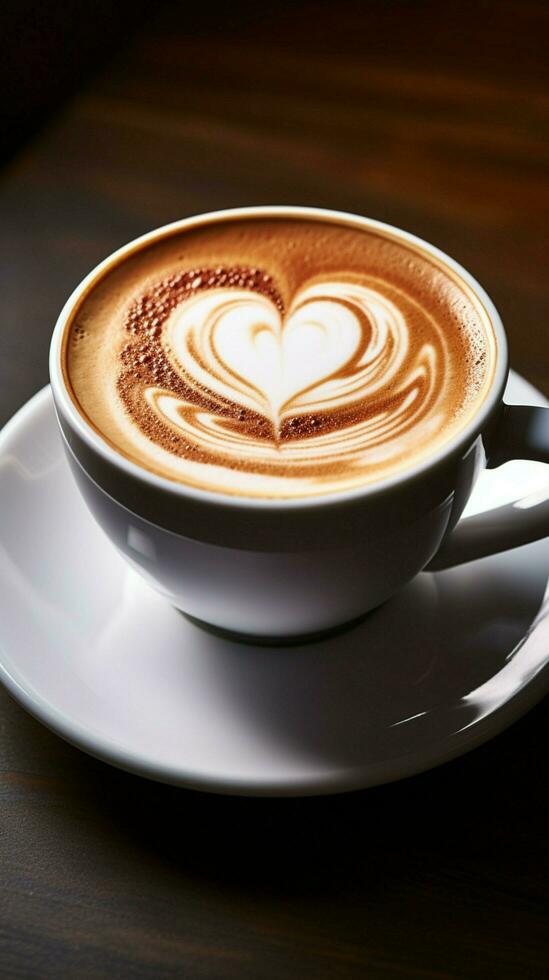 ai gerado coração forma em a espuma cappuccino copo com café com leite arte vertical Móvel papel de parede foto