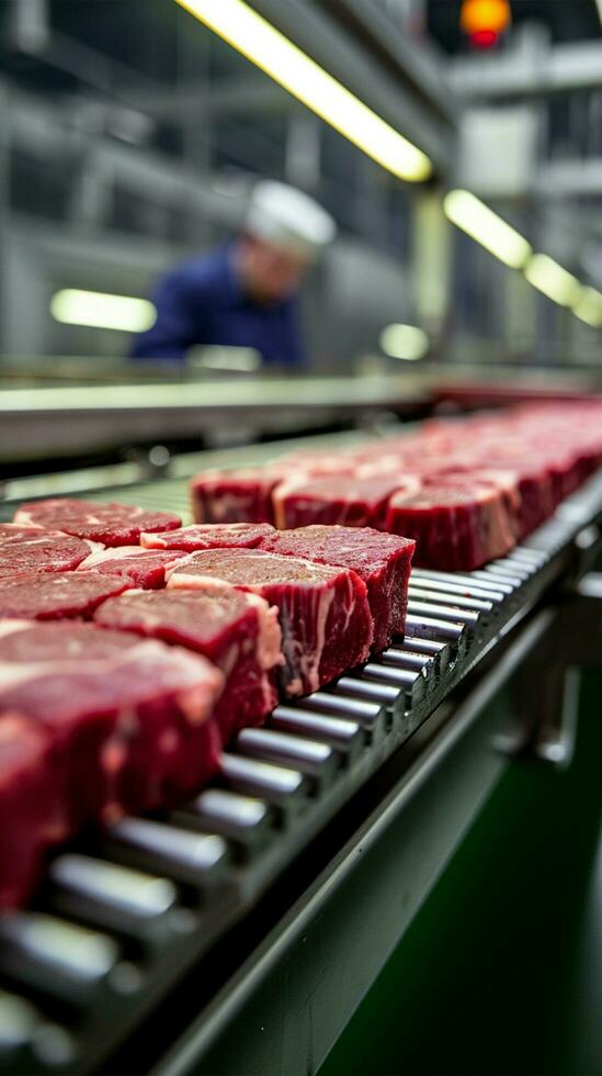 ai gerado carne em processamento maravilha industrial maquinaria cortes e prepara fresco carne vertical Móvel papel de parede foto