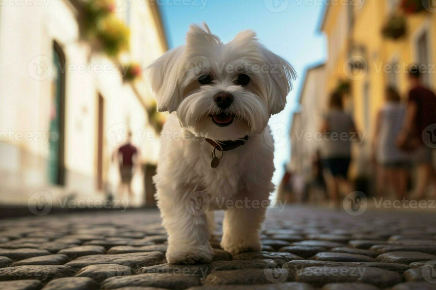 ai gerado adorável pequeno maltês cachorro em pé em uma pitoresco calçada portuguesa rua foto