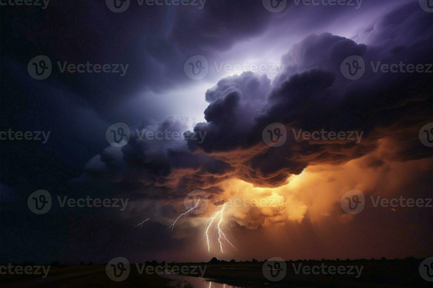 ai gerado naturezas fúria dramático tormentoso céu evoca uma sentido do atmosférico poder foto