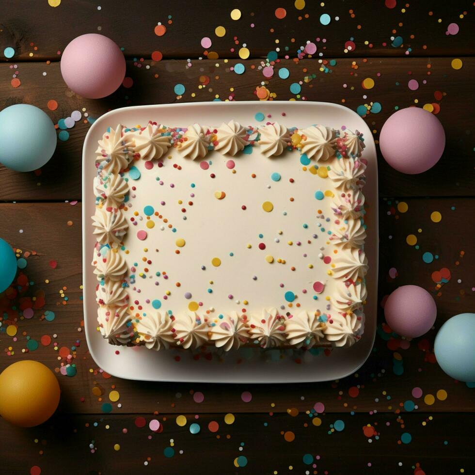 ai gerado imagem celebração festa topo Visão aniversário bolo com desejando cartão e confete para social meios de comunicação postar Tamanho foto