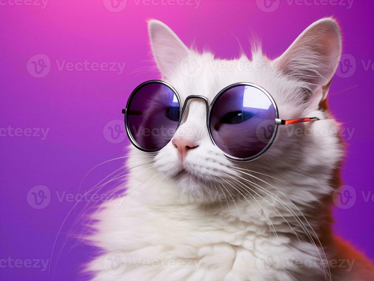 ai gerado retrato do uma branco fofo gato vestindo volta oculos escuros. luxuoso doméstico gatinha dentro óculos poses em Rosa fundo muro. ai. generativo ai. foto