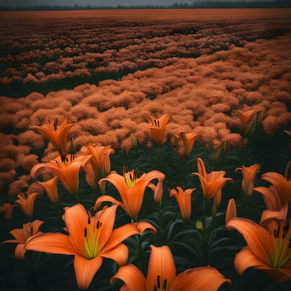 ai gerado laranja lírios dentro uma campo com uma Sombrio céu foto