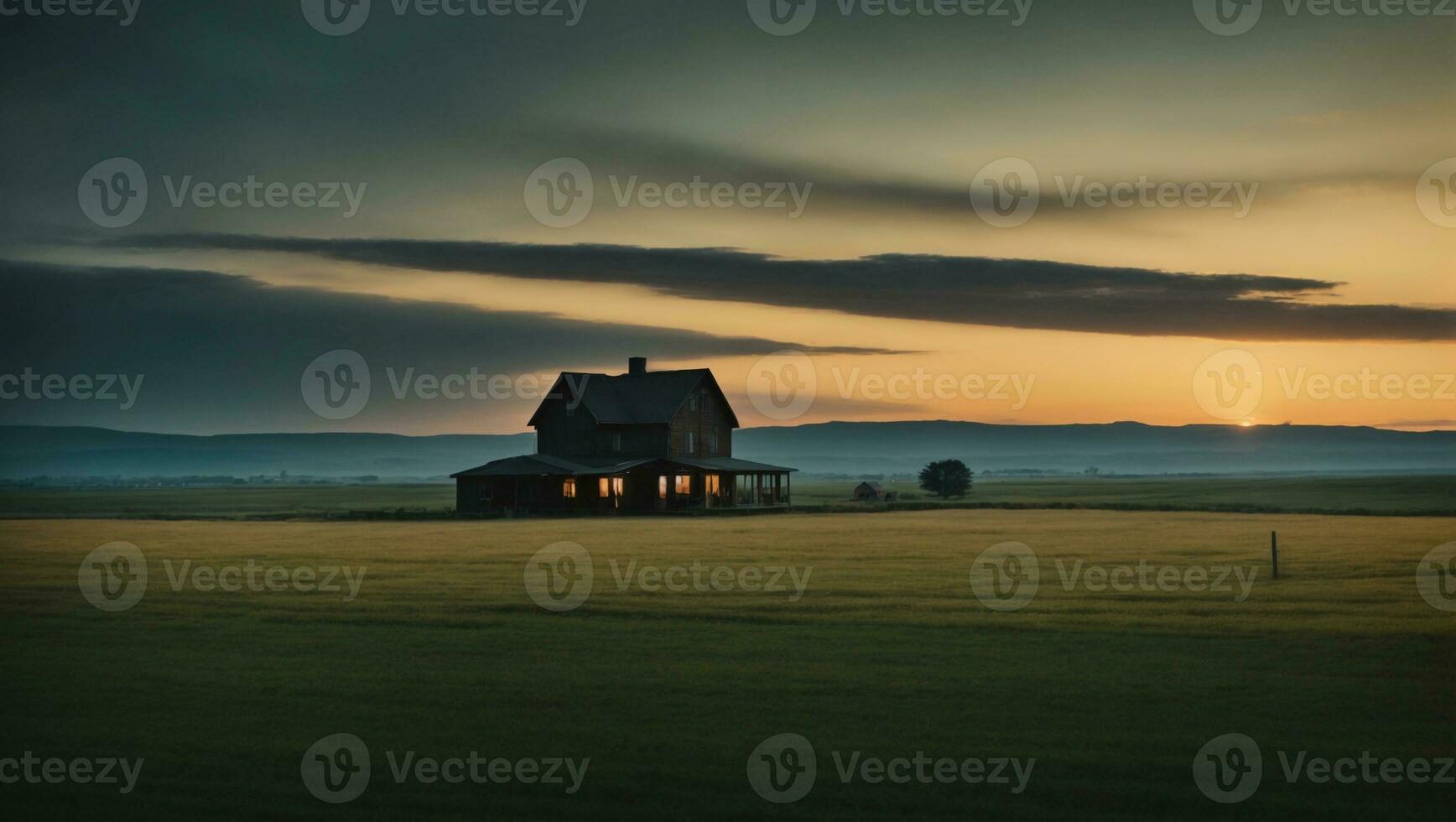 ai gerado uma casa de fazenda dentro a meio do uma campo às pôr do sol foto