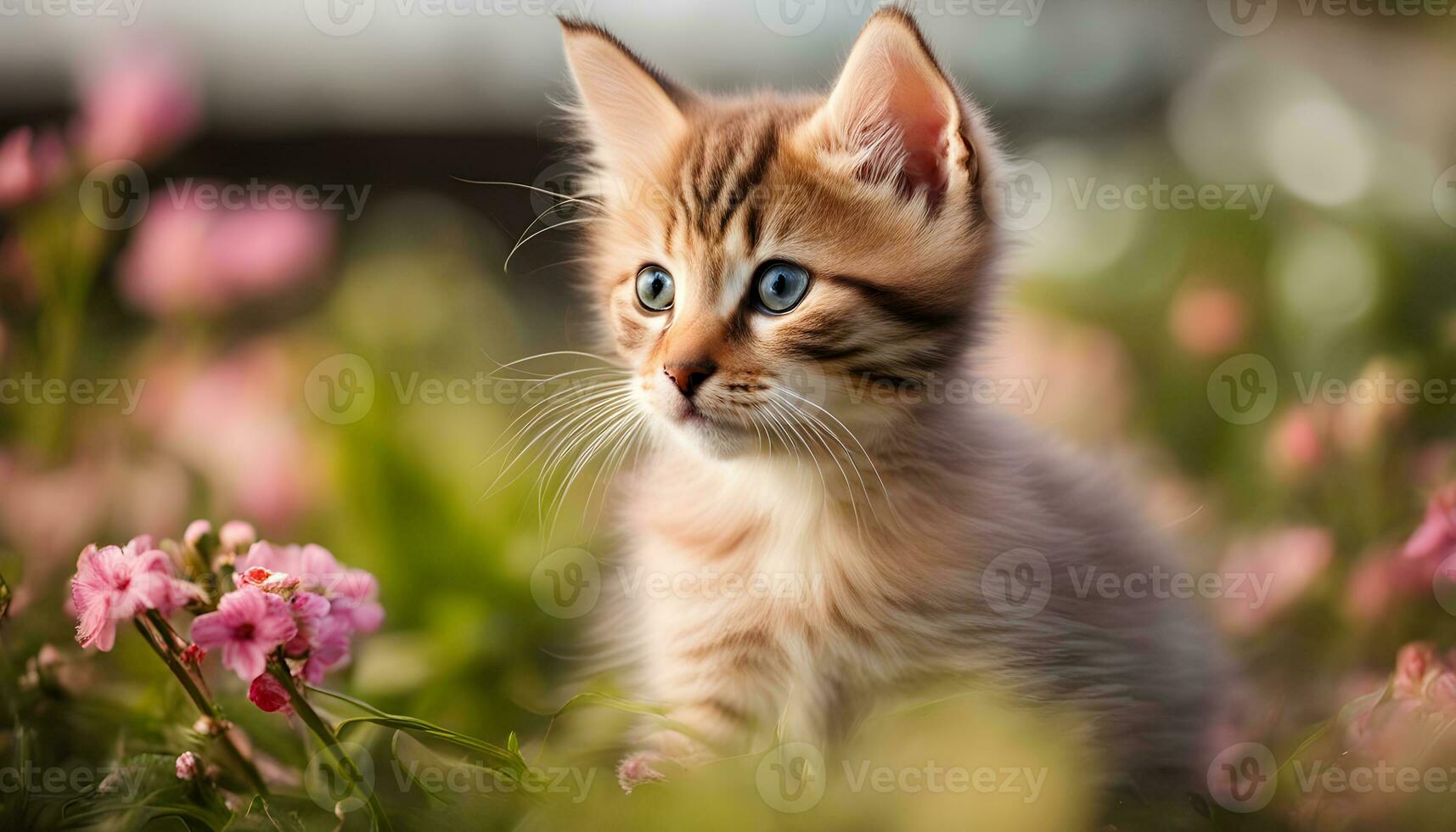 ai gerado uma gatinho é sentado dentro uma campo do Rosa flores foto