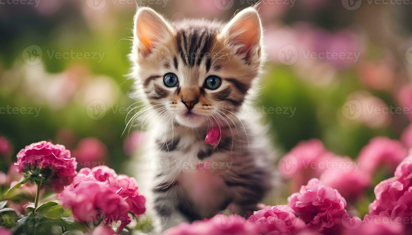 ai gerado uma gatinho é em pé dentro uma campo do Rosa flores foto