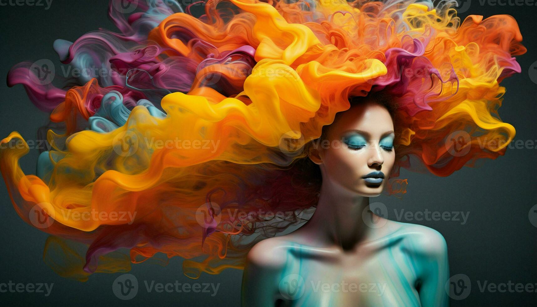 ai gerado lindo mulher com colorida cabelo e fumaça foto