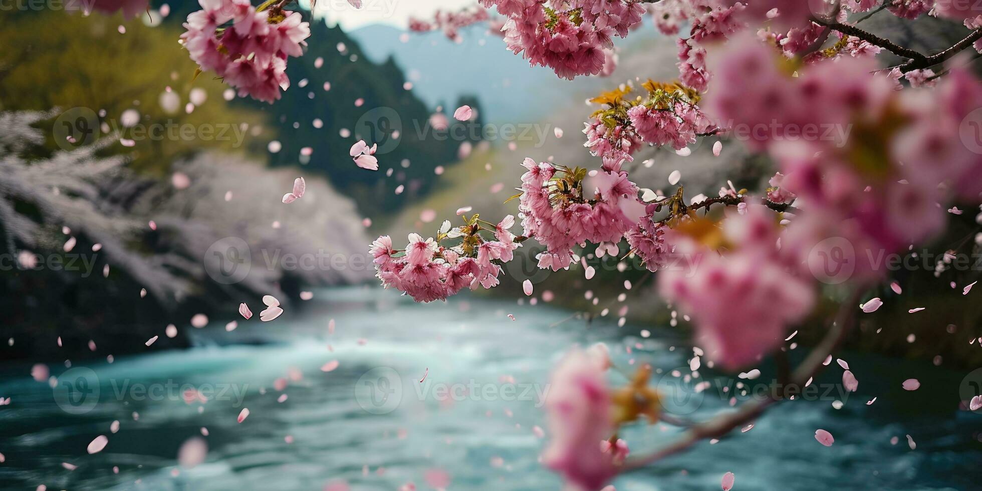ai gerado sakura flores contra a fundo do a rio. hanami. ai geração. foto