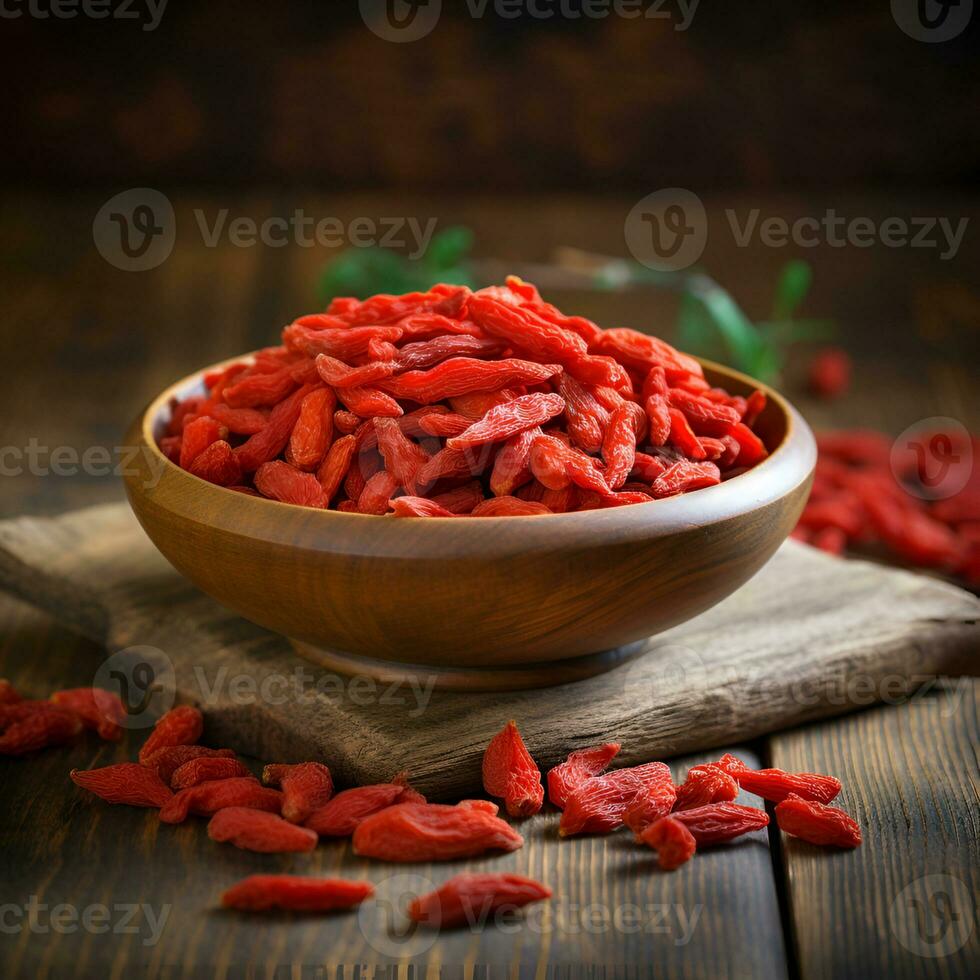 ai gerado goji bagas fechar-se em de madeira fundos. foto