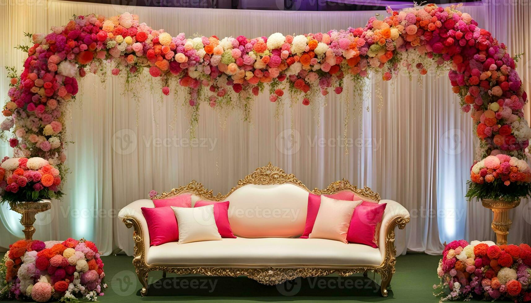 ai gerado uma Casamento etapa decorado com flores e almofadas foto