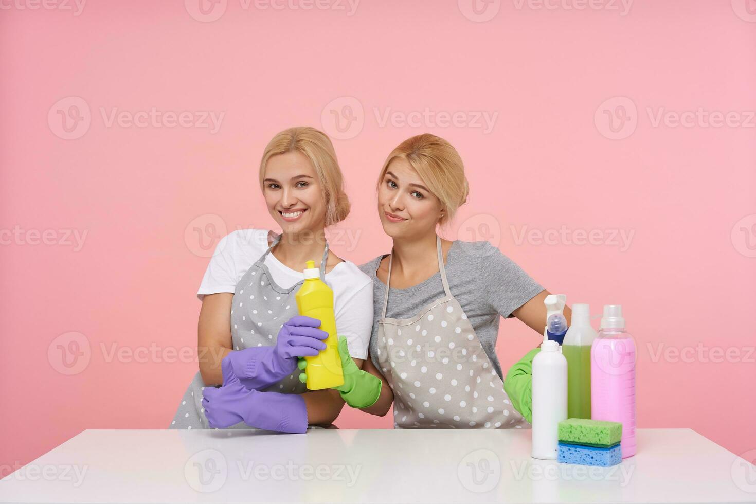 interior foto do jovem cabeça branca irmãs com casual Penteado fazer pausa com limpeza e sentado sobre Rosa fundo com multicolorido garrafas do detergentes