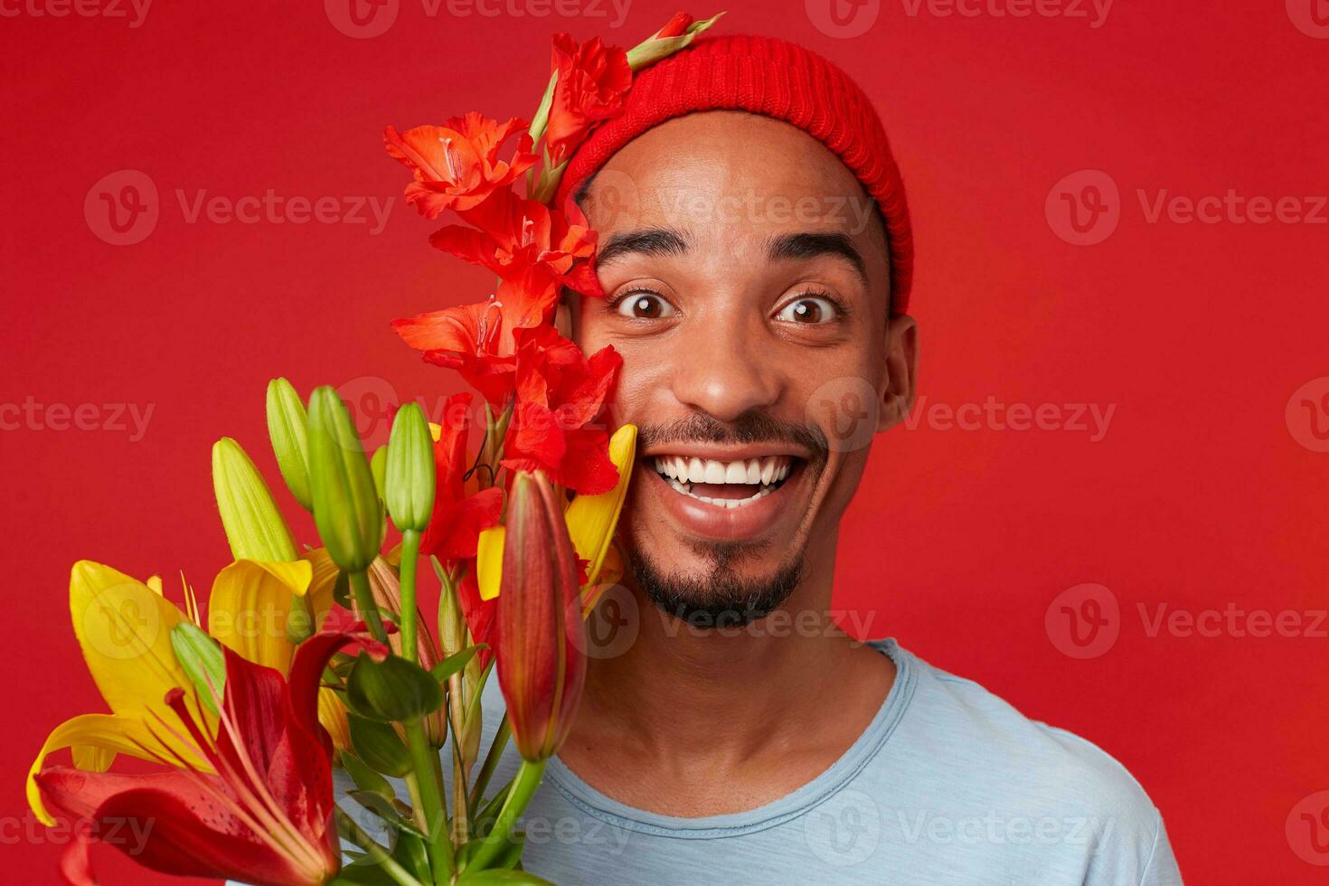fechar acima do jovem alegre atraente cara dentro vermelho chapéu e azul camiseta, detém uma ramalhete dentro dele mãos, parece às a Câmera com feliz expressão e amplamente sorridente, carrinhos sobre vermelho fundo. foto