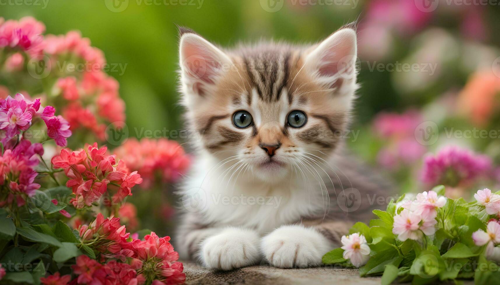 ai gerado uma gatinho é sentado dentro frente do flores foto