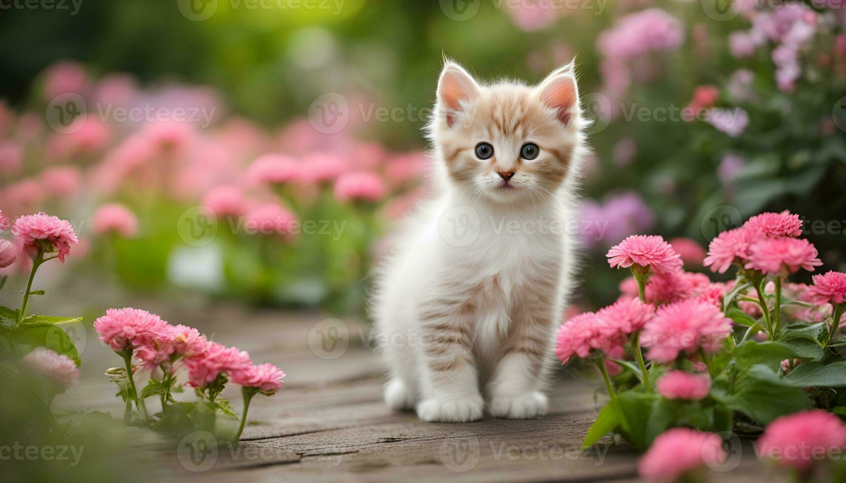 ai gerado uma gatinho é em pé em uma de madeira caminho cercado de Rosa flores foto