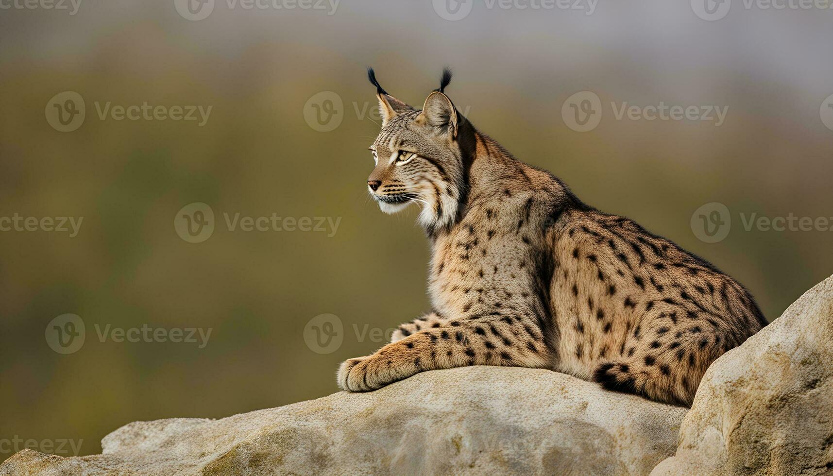 ai gerado uma lince é sentado em uma Rocha dentro a selvagem foto