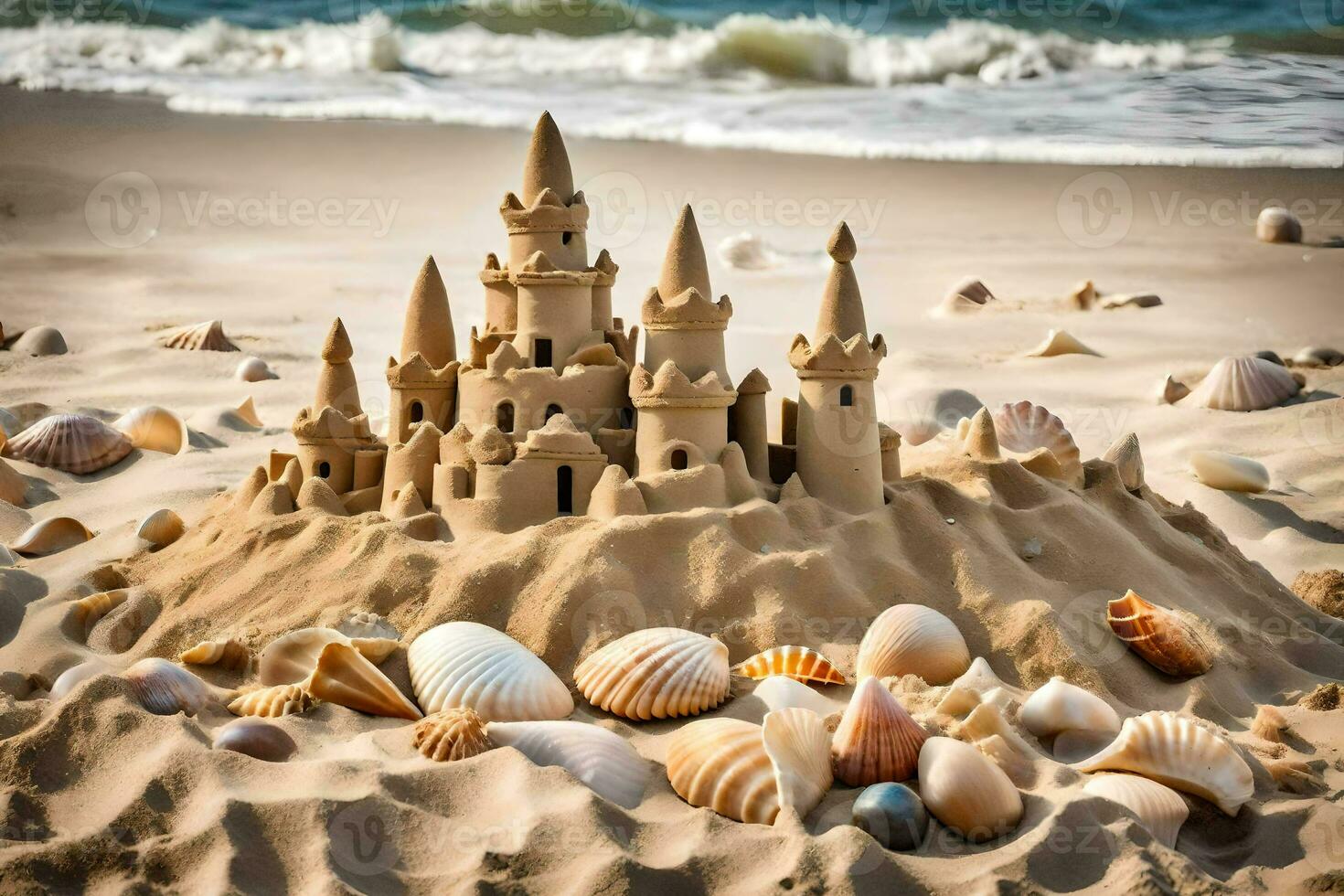 ai gerado uma areia castelo é fez Fora do cartuchos e conchas do mar foto