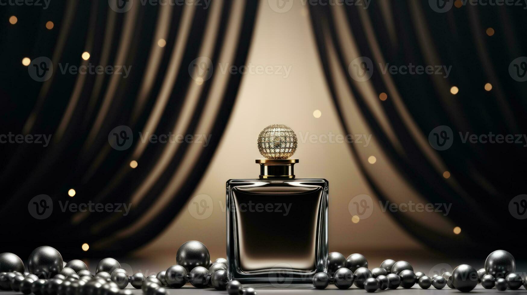 ai gerado luxo perfume, Cosmético Prêmio vidro garrafa. bandeira, poster para beleza promoção do elegante produtos para Publicidades em coberto seda tecido roupas Elegants fundo com pérolas. generativo ai foto