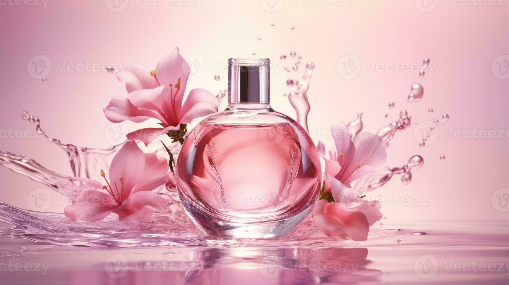 ai gerado luxo perfume, Cosmético Prêmio vidro garrafa. bandeira, poster para beleza promoção do elegante produtos para Publicidades em coberto seda tecido roupas Elegants fundo com pérolas. generativo ai foto