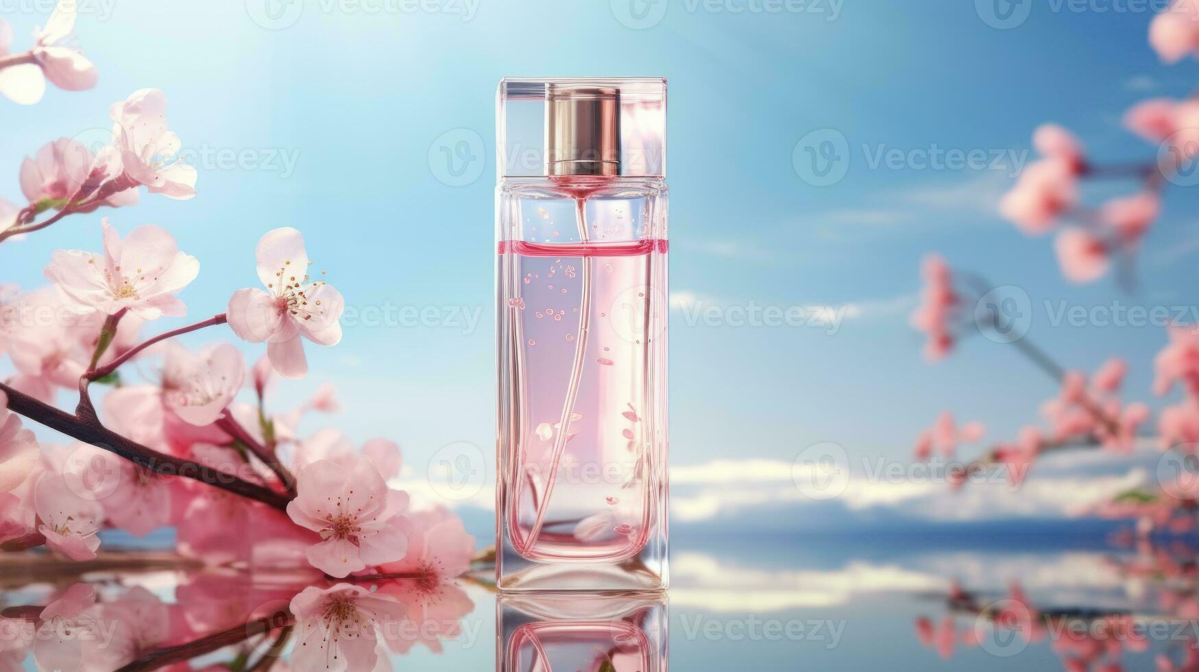 ai gerado luxo perfume, Cosmético Prêmio vidro garrafa. bandeira, poster para beleza promoção do elegante produtos para Publicidades em coberto seda tecido roupas Elegants fundo com pérolas. generativo ai foto