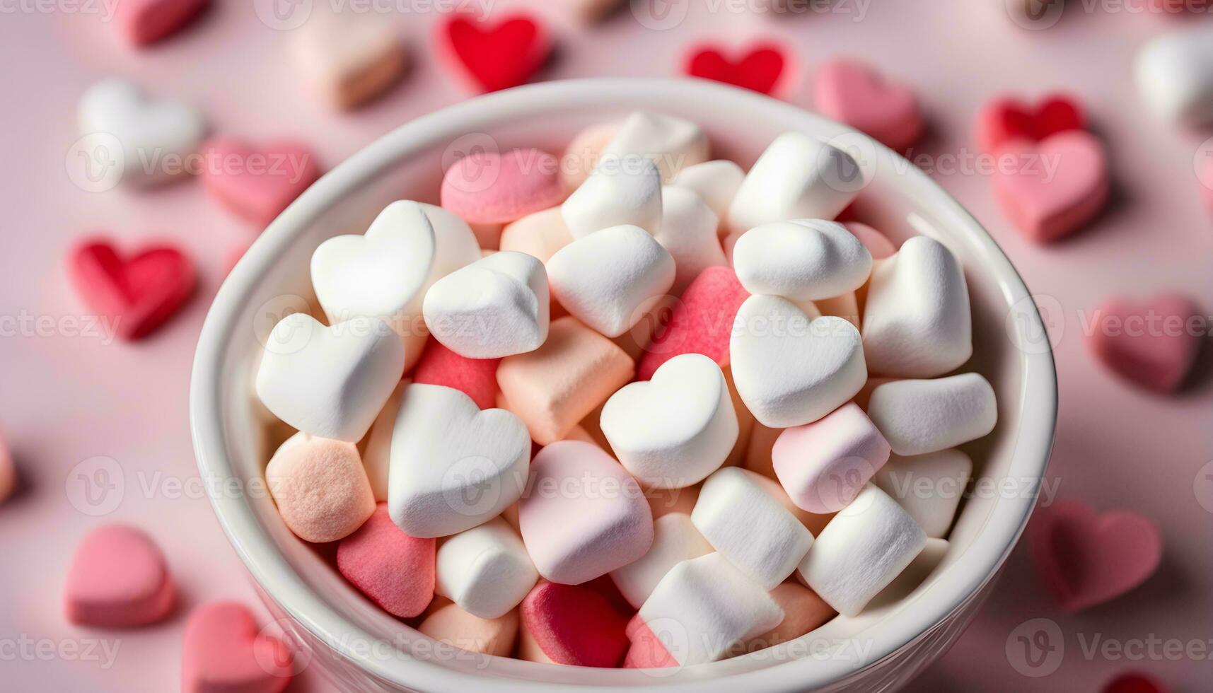 ai gerado uma tigela preenchidas com marshmallows em uma Rosa fundo foto